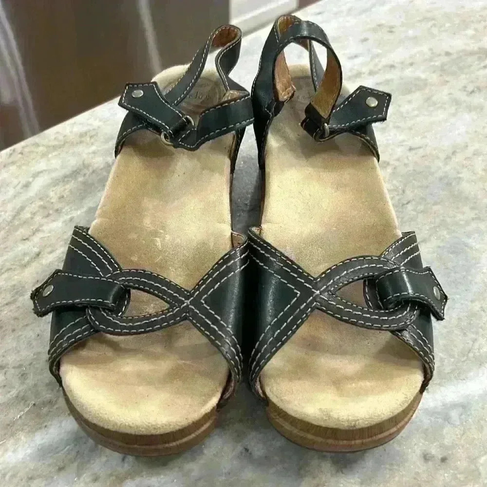 Dansko Sandals Sara Womens EU 40 Black Leather Hook and Loop Straps Open Toe - Picture 2 of 15
